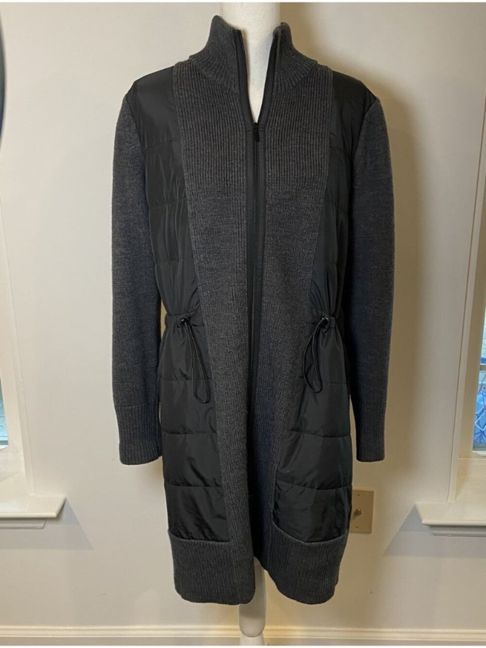 Lafayette 148 New York Sweater Jacket Knit Wool Drawstring Waist Gray Large L